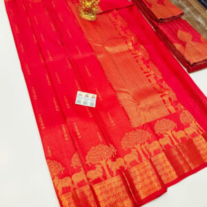 Gomatha and Karpavruksham Design Pure Kanjivaram Fancy Silk Saree Chili Red Color w/ Blouse