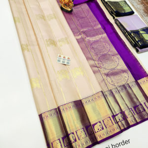 Beautiful Design Pure Kanjivaram Fancy Silk Saree Cream Color w/ Blouse