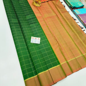 Big Checks Design Pure Kanjivaram Fancy Silk Saree Green Color w/ Blouse