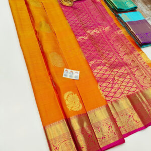 Beautiful Design Pure Kanjivaram Fancy Silk Saree Mango Yellow Color w/ Blouse