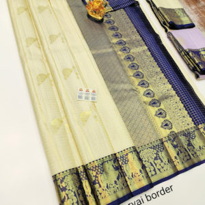 Latest Design Pure Kanjivaram Fancy Silk Saree Off White Color w/ Blouse