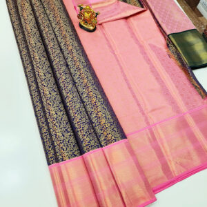 Floral Design Kanchi Semi Silk Saree Dark Blue Color w/ Blouse