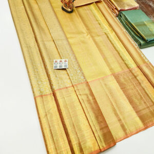 Floral Design Kanjivaram Pure Wedding Silk Saree Golden Yellow Color w/ Blouse