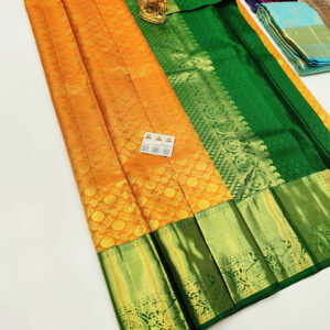 Kanjivaram Pure Wedding Silk Saree Orange Color w/ Blouse