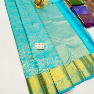 Floral Design Kanjivaram Pure Wedding Silk Saree Sky Blue Color w/ Blouse