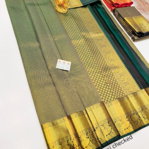 Vaira Oosi Zari Work Pure Kanjivaram Fancy Silk Saree Bottle Green Color w/ Blouse