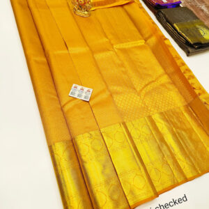 Vaira Oosi Zari Work Pure Kanjivaram Fancy Silk Saree Mustard Yellow Color w/ Blouse