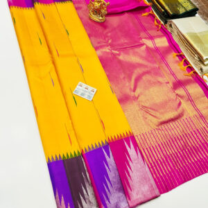 Temple Design Pure Kanjivaram Fancy Silk Saree Yellow Color w/ Blouse