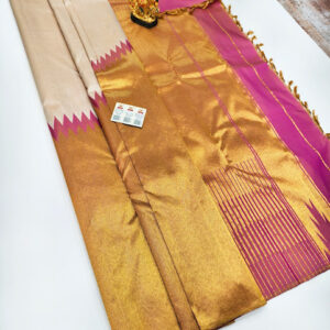 Half and Half Border Design Kanjivaram Pure Wedding Silk Saree Cream Color w/ Blouse
