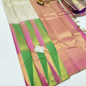 Half and Half Border Design Kanjivaram Pure Wedding Silk Saree Off White Color w/ Blouse
