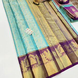 Bridal Design Kanjivaram Pure Wedding Silk Saree Sky Blue Color w/ Blouse