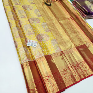 Unique Design Kanjivaram Pure Wedding Silk Saree Yellow Color w/ Blouse