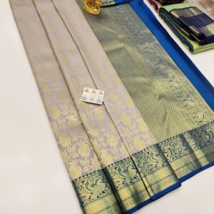Trendy Design Kanjivaram Pure Wedding Silk Saree Gray Color w/ Blouse