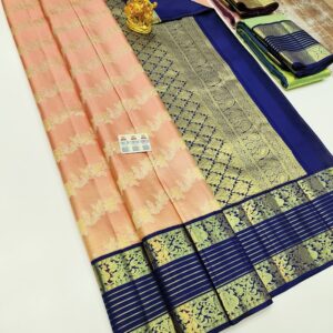 Unique Design Kanjivaram Pure Wedding Silk Saree Peach Color w/ Blouse