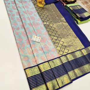 New Birds Design Kanjivaram Pure Wedding Silk Saree Sky Blue Color w/ Blouse
