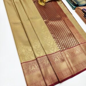 Different Mango Design Kanchi Semi Silk Saree Light Brown Color w/ Blouse