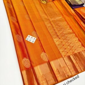 Vaira Oosi Checked Design Pure Kanjivaram Fancy Silk Saree Orange Color w/ Blouse