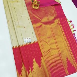 Trendy Temple Design Pure Kanjivaram Silk Saree Cream Color w/ Blouse