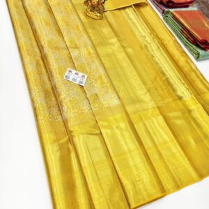 Beautiful Floral Design Pure Kanjivaram Silk Saree Golden Yellow Color w/ Blouse
