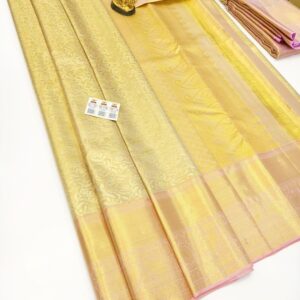 Floral Design Pure Kanjivaram Silk Saree Golden Yellow Color w/ Blouse