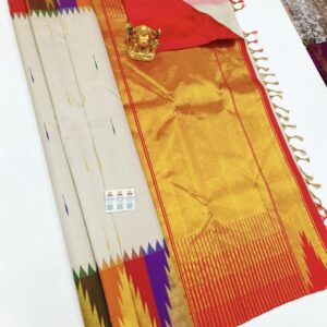 New Temple Design Pure Kanjivaram Silk Saree Off White Color w/ Blouse