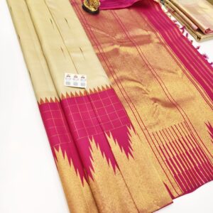 Temple Design Pure Kanjivaram Silk Saree Off White Color w/ Blouse