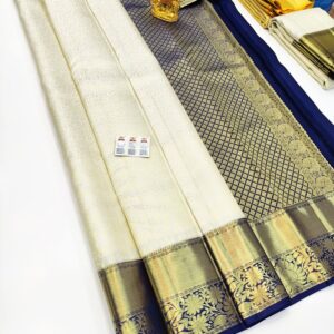 Latest Design Pure Kanjivaram Silk Saree Pure White Color w/ Blouse