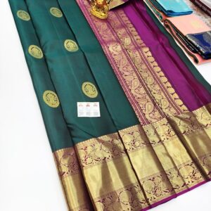 Traditional Design Pure Kanjivaram Fancy Silk Saree Bottle Green Color w/ Blouse