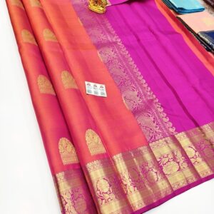 New Design Pure Kanjivaram Fancy Silk Saree Double Shade (Pink, Orange) Color w/ Blouse