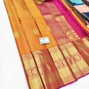 Traditional Design Pure Kanjivaram Fancy Silk Saree Orange Color w/ Blouse