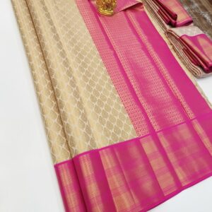 Unique Design Kanchi Semi Silk Saree Cream Color w/ Blouse