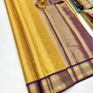 Latest Design Kanchi Semi Silk Saree Yellow Color w/ Blouse