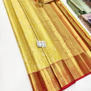 Beautiful Floral Design Pure Kanjivaram Silk Saree Lemon Yellow Color w/ Blouse