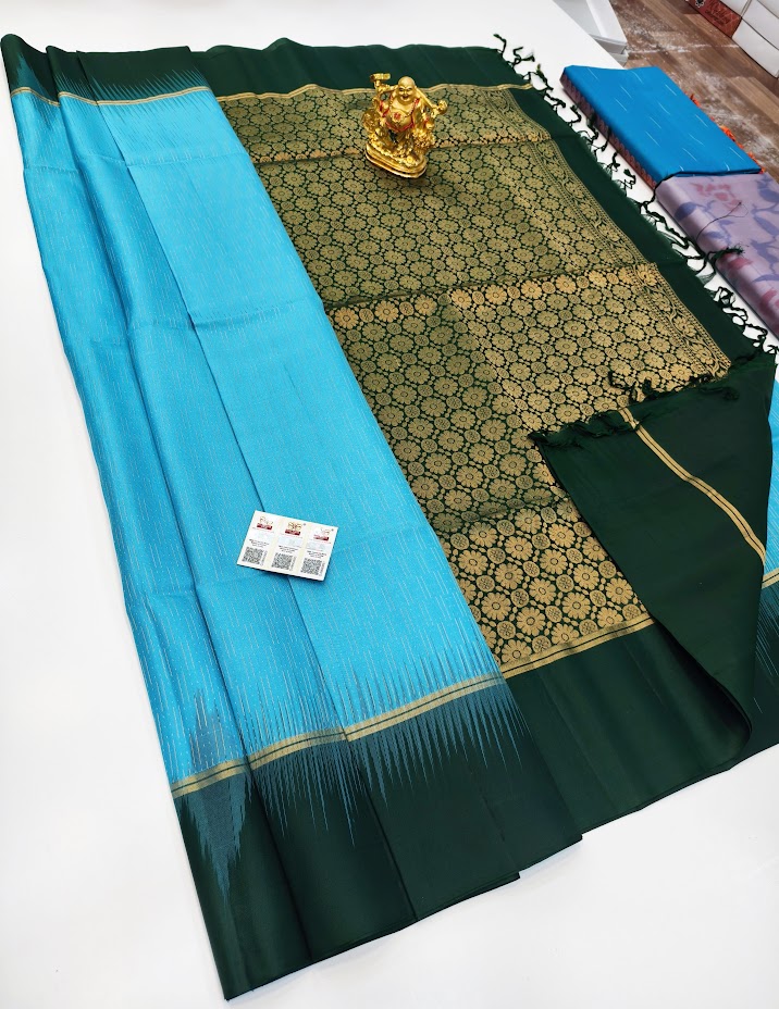 Unique Design Pure Soft Silk Saree Sky Blue and Black Border Color w/ Blouse
