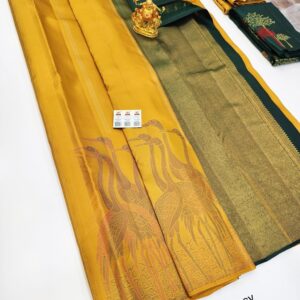 Unique Design Pure Kanjivaram High Fancy Silk Saree Mango Yellow Color w/ Blouse