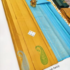 Mango Design Pure Kanjivaram Fancy Silk Saree Mustard Yellow Color w/ Blouse