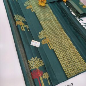 Tree Design Pure Kanjivaram Fancy Silk Saree Peacock Blue Color w/ Blouse