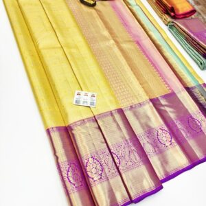 Beautiful Design Pure Kanjivaram Silk Saree Yellow Color w/ Blouse