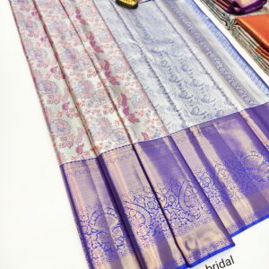 Trendy Floral Design K.M.D Soft 75% Pure Silk Saree Cream Color w/ Blouse