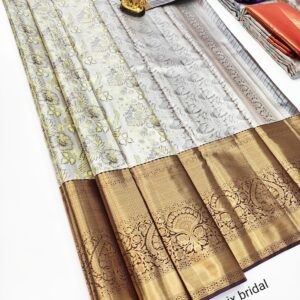 Floral Design K.M.D Soft 75% Pure Silk Saree White Color w/ Blouse