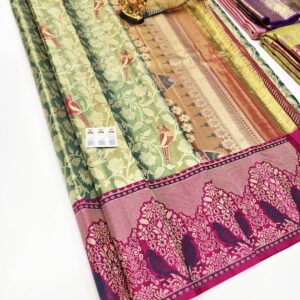 Latest Parrot Design and Thread Work Pure Kanjivaram Silk Saree Dark Gray Color w/ Blouse