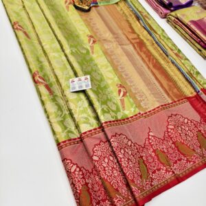 Unique Parrot Design and Thread Work Pure Kanjivaram Silk Saree Green Color w/ Blouse