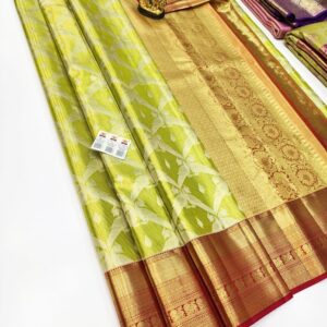 New Parrot Design and Thread Work Pure Kanjivaram Silk Saree Lemon Green Color w/ Blouse