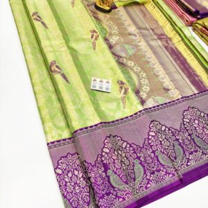 Parrot Design and Thread Work Pure Kanjivaram Silk Saree Parrot Green Color w/ Blouse