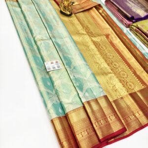 Trendy Parrot Design and Thread Work Pure Kanjivaram Silk Saree Sky Blue Color w/ Blouse