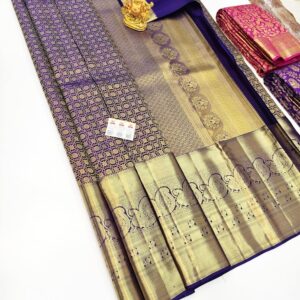 Beautiful Design Pure Kanjivaram Silk Saree Ink Blue Color w/ Blouse