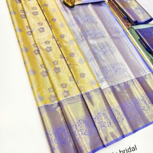 Trendy Floral Design K.M.D Soft 75% Pure Silk Saree Lemon Yellow Color w/ Blouse