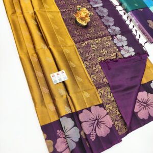 Hibiscus Design Pure Soft Silk Saree Mustard Color w/ Blouse