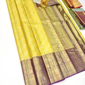 Pure Kanjivaram Silk Saree Lemon Yellow Color w/ Blouse