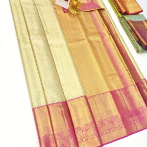 Trendy Design Pure Kanjivaram Silk Saree Off White Color w/ Blouse